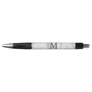 Elegant Faux White Marble Grey Name and Monogram Pen