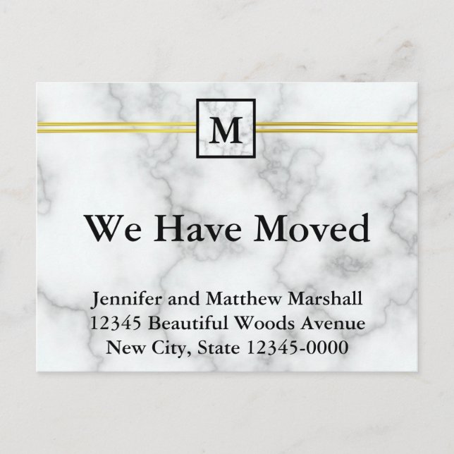 Elegant Faux White Marble Name Monogram Moving  Announcement Postcard (Front)
