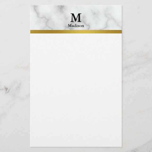 Elegant Faux White Marble with Name and Monogram Stationery (Front)