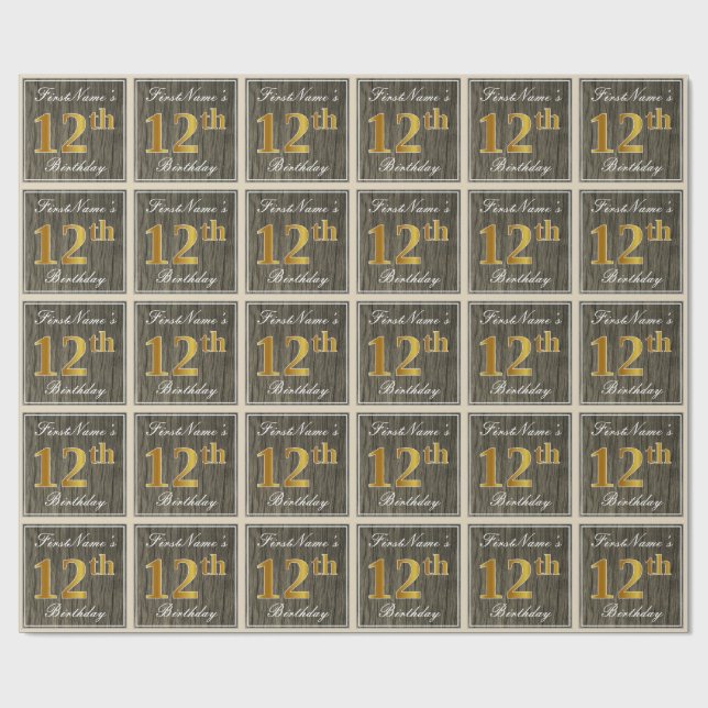 Elegant, Faux Wood, Faux Gold 12th Birthday + Name Wrapping Paper (Flat)