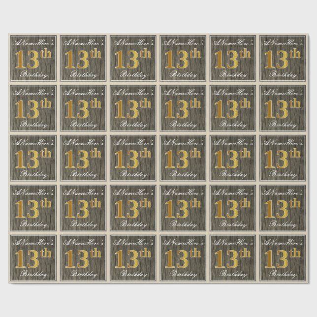 Elegant, Faux Wood, Faux Gold 13th Birthday + Name Wrapping Paper (Flat)