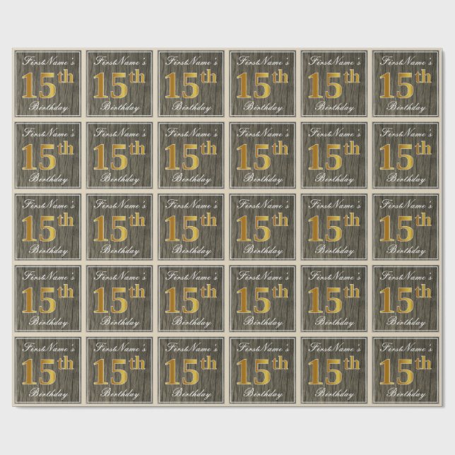 Elegant, Faux Wood, Faux Gold 15th Birthday + Name Wrapping Paper (Flat)
