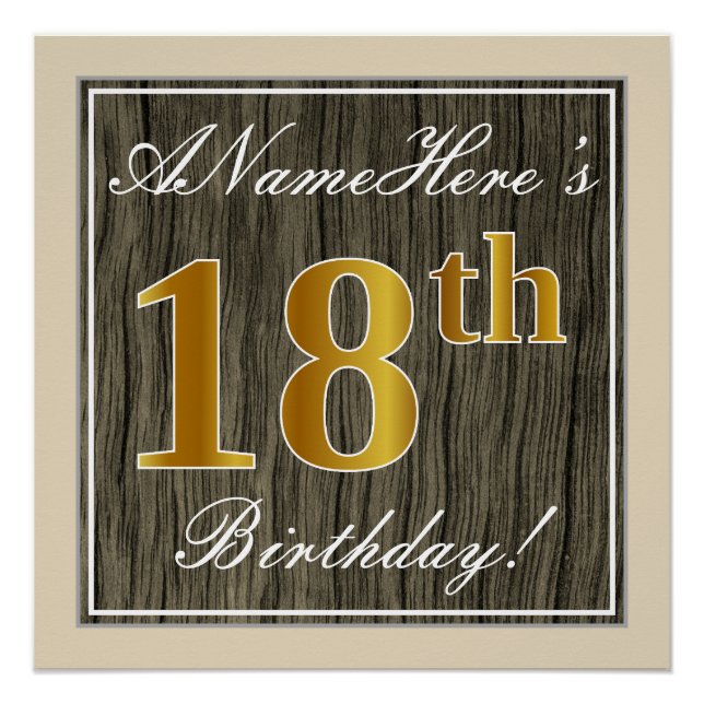 Elegant, Faux Wood, Faux Gold 18th Birthday + Name Poster (Front)