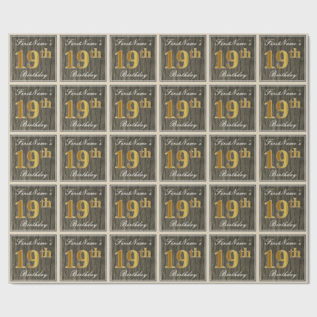 Elegant, Faux Wood, Faux Gold 19th Birthday + Name Wrapping Paper (Flat)