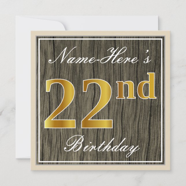 Elegant, Faux Wood, Faux Gold 22nd Birthday + Name Invitation (Front)
