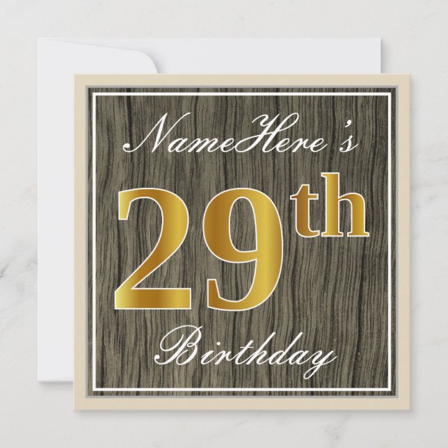 Elegant, Faux Wood, Faux Gold 29th Birthday + Name Invitation (Front)