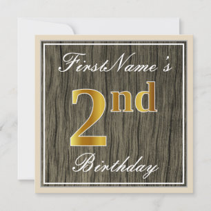 Elegant, Faux Wood, Faux Gold 2nd Birthday + Name Invitation
