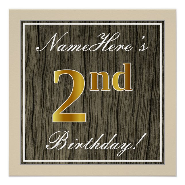 Elegant, Faux Wood, Faux Gold 2nd Birthday + Name Poster (Front)
