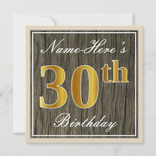 Elegant, Faux Wood, Faux Gold 30th Birthday + Name Invitation