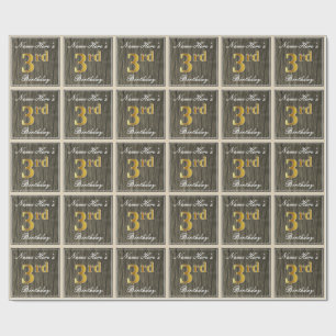 Elegant, Faux Wood, Faux Gold 3rd Birthday + Name Wrapping Paper