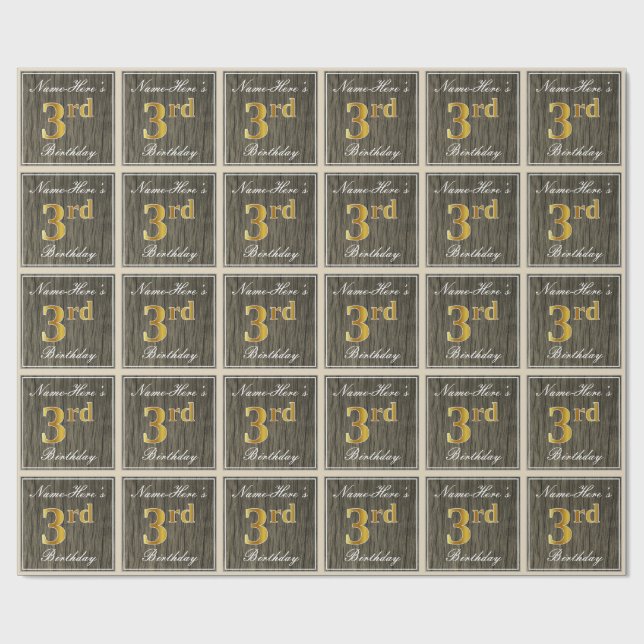 Elegant, Faux Wood, Faux Gold 3rd Birthday + Name Wrapping Paper (Flat)