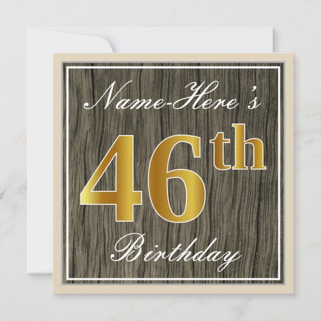 Elegant, Faux Wood, Faux Gold 46th Birthday + Name Invitation (Front)