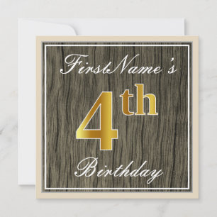 Elegant, Faux Wood, Faux Gold 4th Birthday + Name Invitation