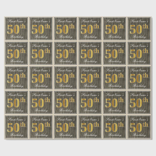 Elegant, Faux Wood, Faux Gold 50th Birthday + Name Wrapping Paper (Flat)