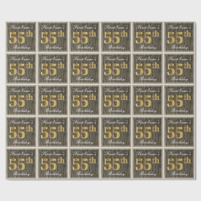 Elegant, Faux Wood, Faux Gold 55th Birthday + Name Wrapping Paper (Flat)