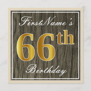 Elegant, Faux Wood, Faux Gold 66th Birthday + Name Invitation