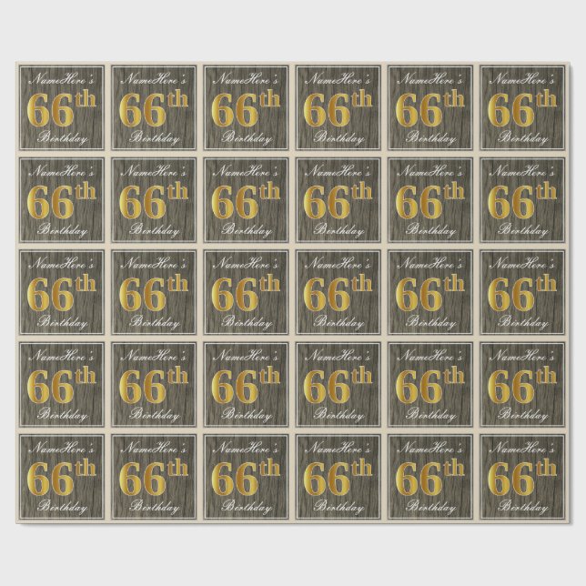 Elegant, Faux Wood, Faux Gold 66th Birthday + Name Wrapping Paper (Flat)