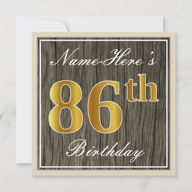 Elegant, Faux Wood, Faux Gold 86th Birthday + Name Invitation (Front)