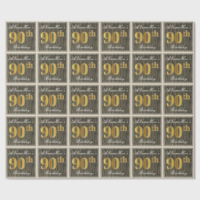 Elegant, Faux Wood, Faux Gold 90th Birthday + Name Wrapping Paper (Flat)