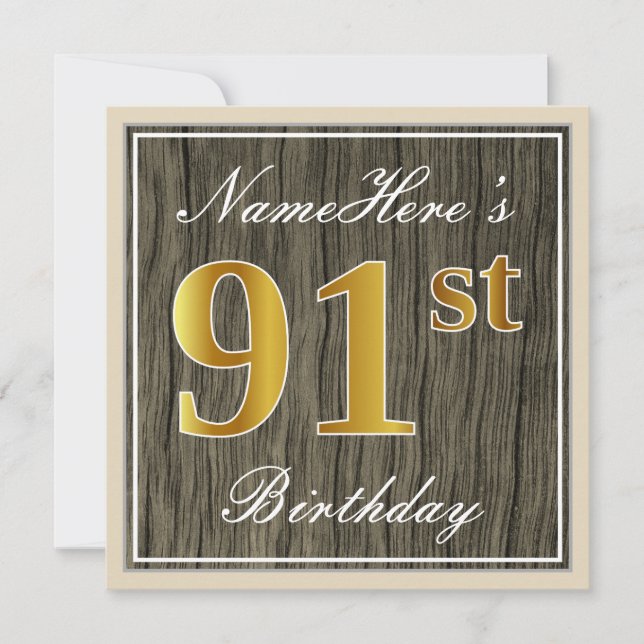 Elegant, Faux Wood, Faux Gold 91st Birthday + Name Invitation (Front)