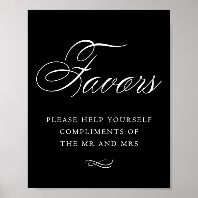 Elegant Favours White Calligraphy | Chic Table Sig Poster (Front)