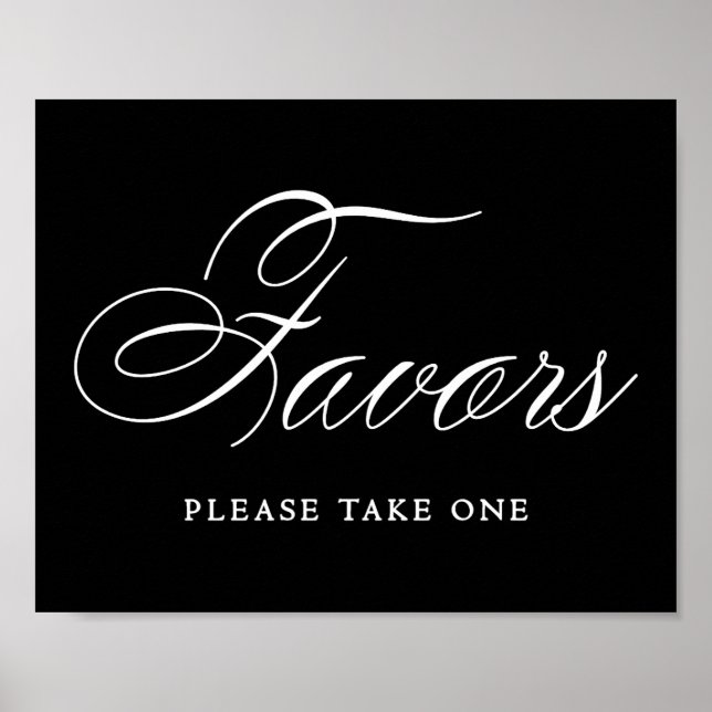 Elegant Favours White Script | Horizontal Table Poster (Front)