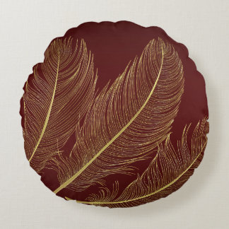 Elegant Feather Art In Rich Burgundy Luxury Tones Round Pillow