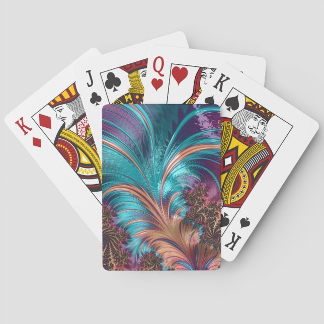 Elegant Feather Fractal Brilliant Purple Teal Playing Cards (Back)