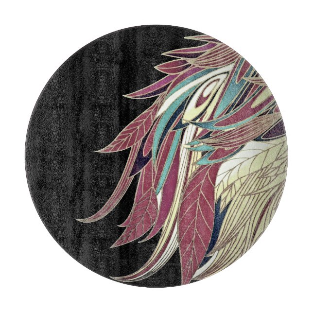 Elegant feather leaf abstract black teal gold red cutting board (Front)