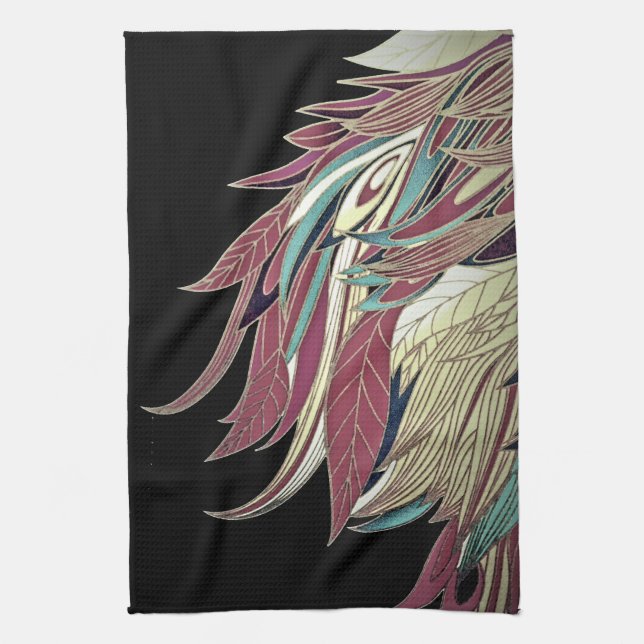 Elegant feather leaf abstract black teal gold red kitchen towel (Vertical)