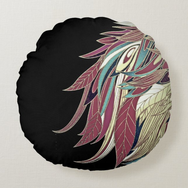 Elegant feather leaf abstract black teal gold red round pillow (Front)