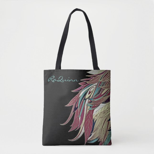 Elegant feather leaf abstract black teal gold red tote bag (Front)