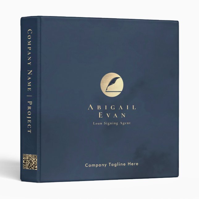 Elegant Feather Navy Blue and Gold Professional Binder (Front/Spine)