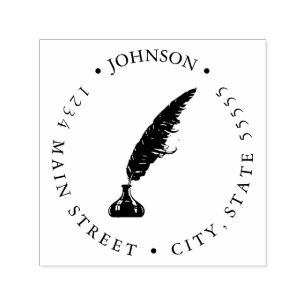 Elegant Feather Pen Ink Well Return Label Self-inking Stamp