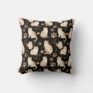 Elegant felines and sparkling gold yarn on black,  throw pillow