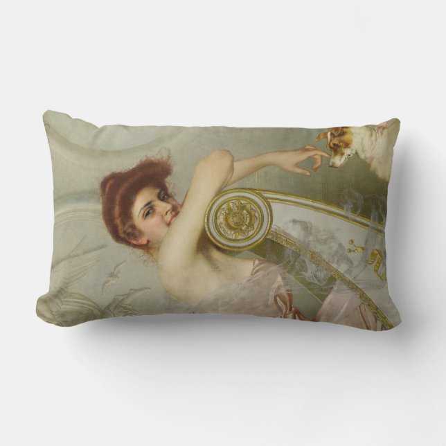 Elegant Female Beauty Playing With Her Puppy Dog Lumbar Pillow (Front)
