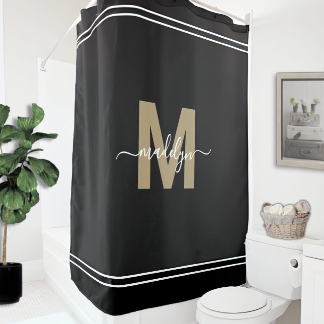 Elegant Feminine Black Gold Monogram Script Name (Elegant Feminine Black Gold Monogram Script Name Shower Curtain )