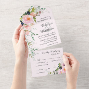Elegant Feminine Blush Pink Floral Bouquet Wedding All In One Invitation