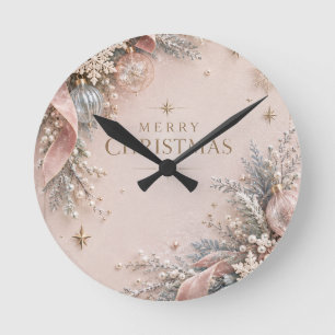 Elegant Feminine Christmas , Dusty Pink Style Round Clock