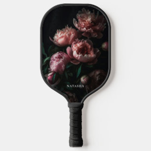 Elegant Feminine Floral Pink Peonies Custom Name Pickleball Paddle