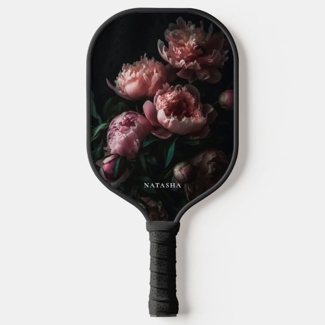 Elegant Feminine Floral Pink Peonies Custom Name Pickleball Paddle (Front)
