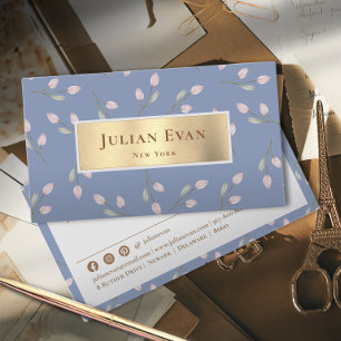 Elegant Feminine Glitter Gold Dusty Blue Floral Business Card
