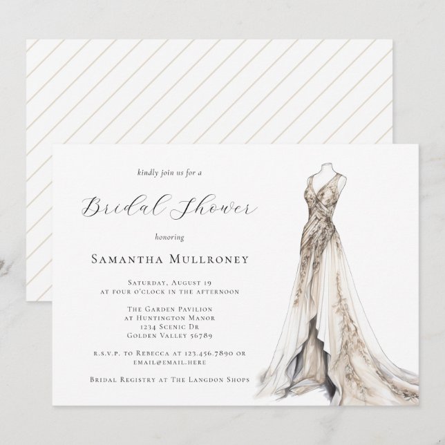 Elegant Feminine Gown Wedding Dress Bridal Shower Invitation (Front/Back)