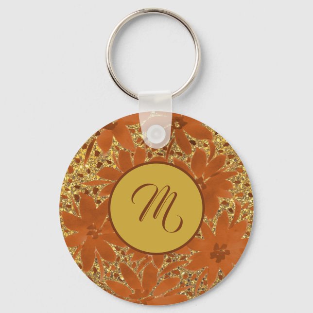 Elegant Feminine Monogrammed Gold Sparkle Keychain (Front)