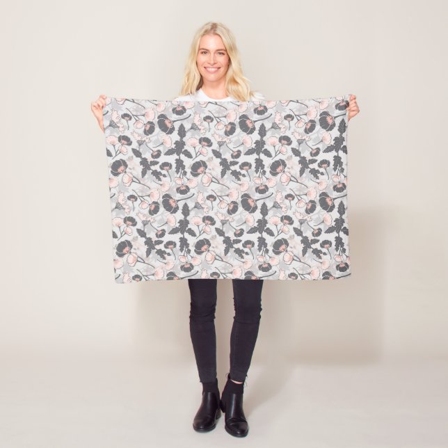 Elegant Feminine Pink Grey Layered Flowers Fleece Blanket (In Situ)