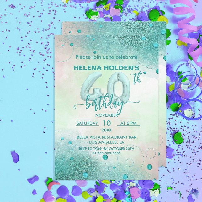  Elegant Feminine Teal Foil Balloons 40th Birthday Invitation (Creator Uploaded)