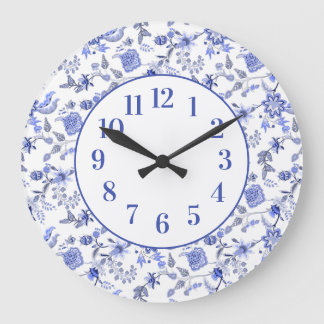 Elegant Feminine Vintage Dusty Blue Floral Large Clock