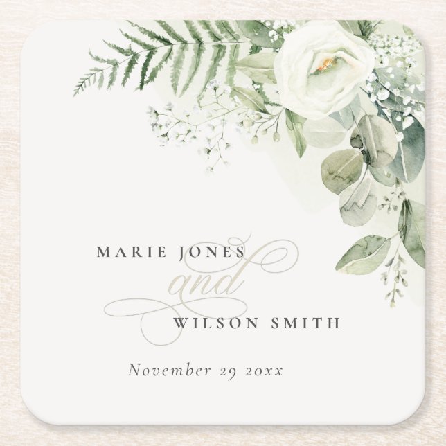 Elegant Fern Eucalyptus Greenery Foliage Wedding Square Paper Coaster (Front)