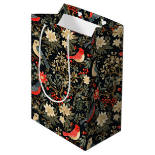 Elegant Festive Birds & Floral Christmas Medium Gift Bag
