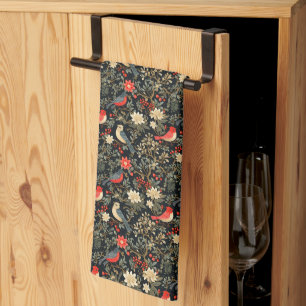 Elegant Festive Birds & Floral Christmas Red  Kitchen Towel